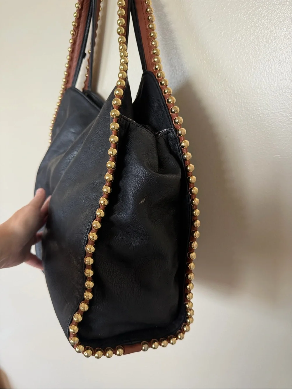 BIG BUDDHA Black Large Hobo Shoulder Bag with Cognac Brown Gold Bead Trim